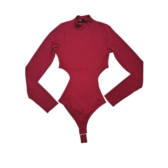 Lulus Wine- Red Ribbed Cut-Out Mock Neck Bodysuit Size XS - Picture 6 of 8